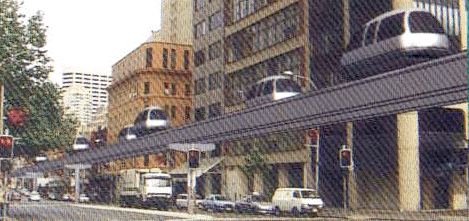 Concept rendering of Austrans vehicles on an elevated guideway above a city street