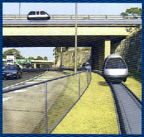 Concept rendering of a vehicle on elevated guideway through a road cutting