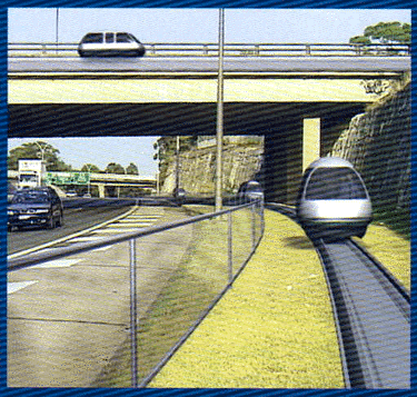 Concept rendering of a vehicle on guideway beside a road embankment