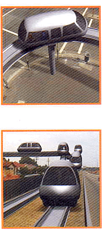 Two-panel concept rendering of a curved elevated junction and a suburban street guideway