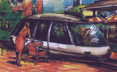 Colour concept sketch of an Austrans vehicle stopped at a street-level pickup point, doors open, a passenger loading a pram