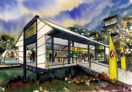 Watercolour illustration of a proposed Austrans station platform